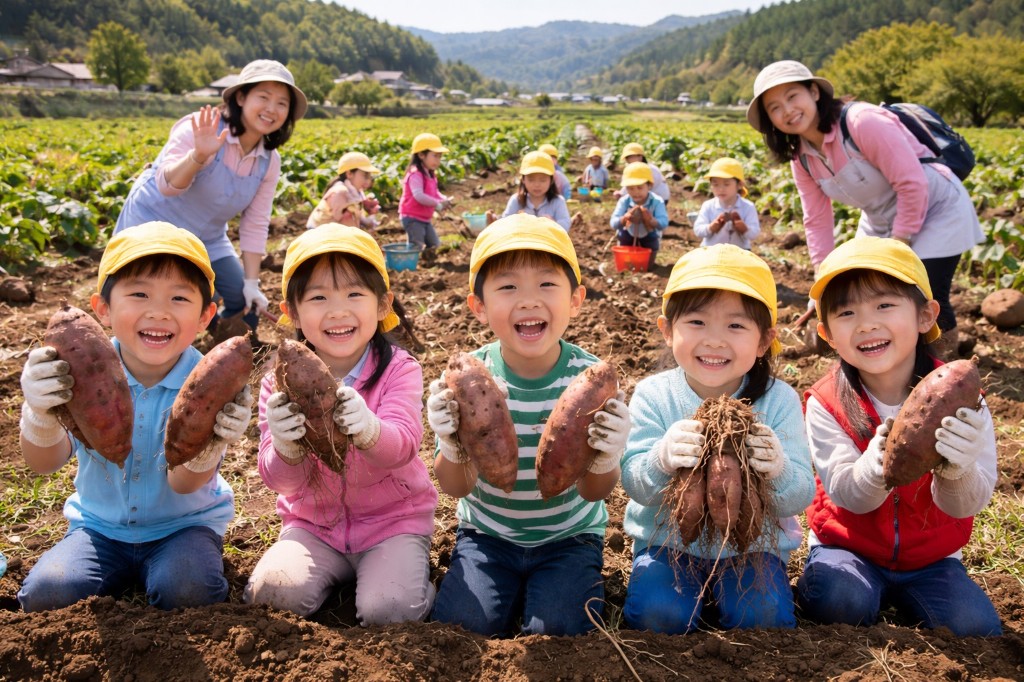芋ほりで掘りたての芋を見せる子どもたち