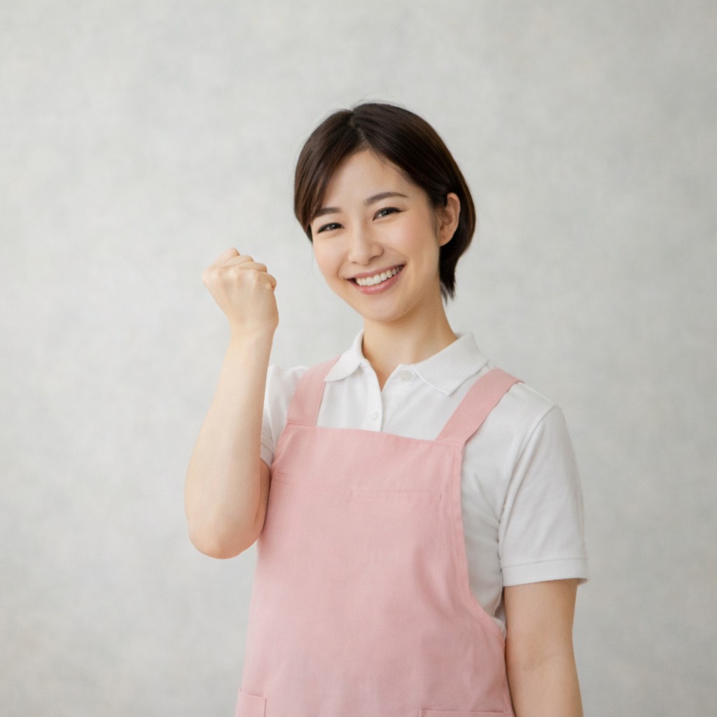 笑顔でがんばるポーズをする保育士のスタッフ写真