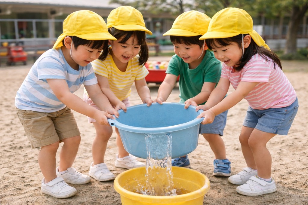 園庭の砂場で、大きなタライをみんなで持ち上げ、黄色いバケツへ水を注いでいる幼児たち。黄色い帽子をかぶり、協力して一つの目標に向かう様子