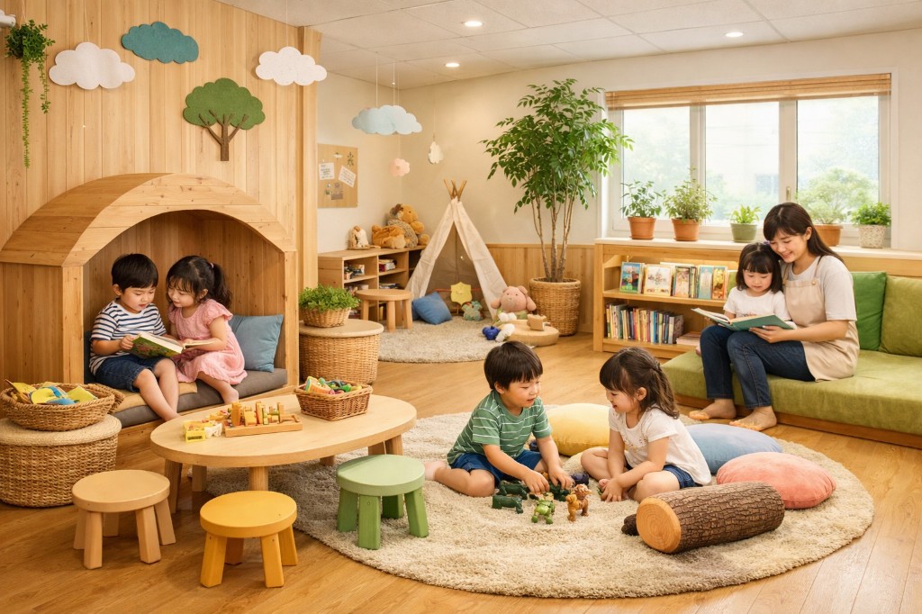 木と緑を基調にした広い遊戯室。読み聞かせ、ごっこ遊び、フィギュア遊びなど、複数のグループが同じ空間で穏やかに過ごしている様子