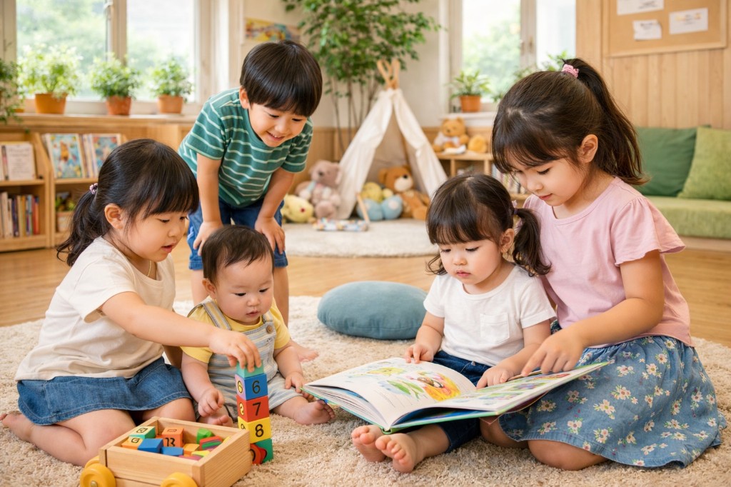 ふかふかのラグの上で、積み木に向き合う幼児と、大きな絵本を一緒に見る幼児たち。明るい室内で落ち着いて遊ぶ様子