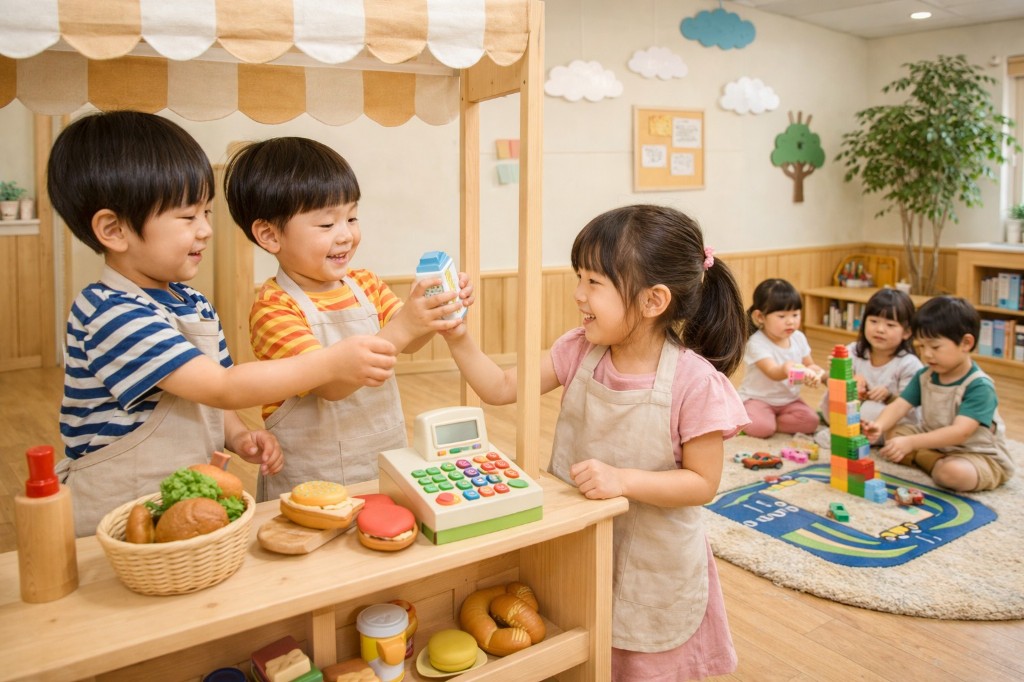 木製のお店屋さんごっこで、カウンターの向こうと手前から笑顔でやりとりする幼児たち。レジやおままごとの食材が並ぶ室内遊戯室