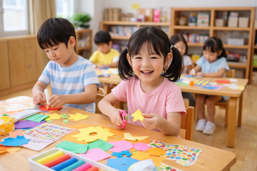 明るい保育室の机で、色紙や星の切り抜き、クレヨンなどに囲まれて工作に取り組む幼児たち