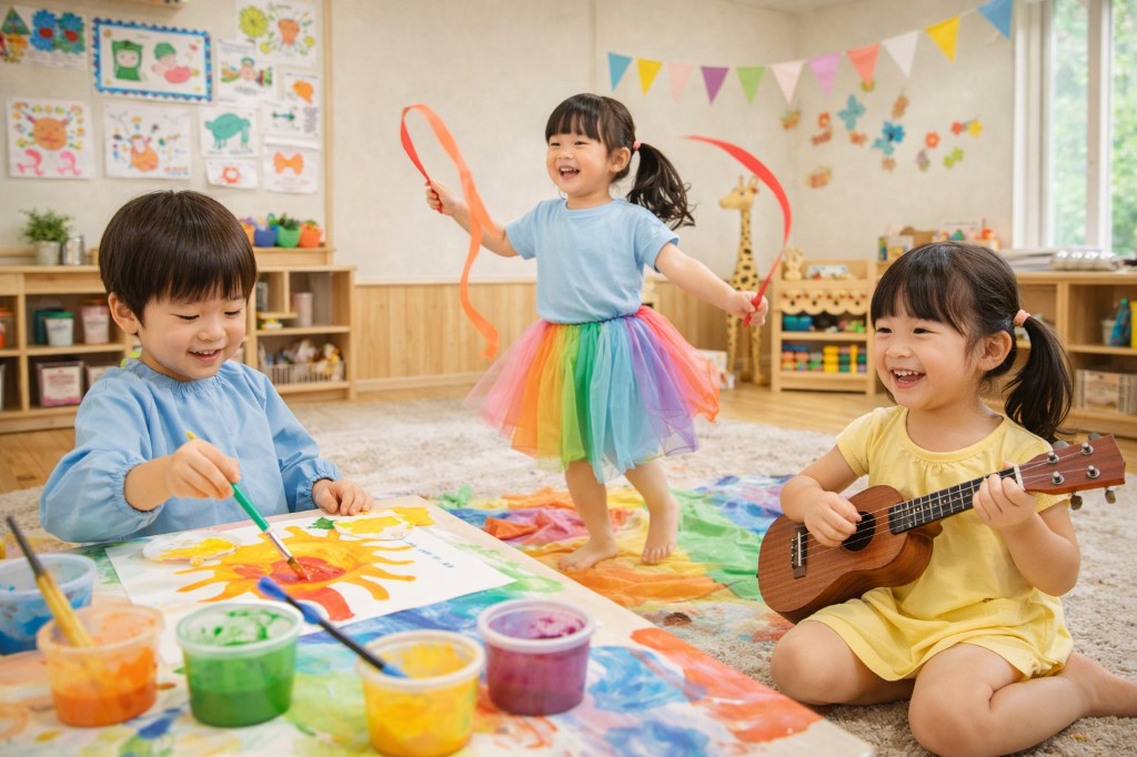 保育室の床で絵を描く子ども、リボンを振って踊る子ども、小さなウクレレに触れる子ども。明るい木の床と壁に飾られた子どもの作品