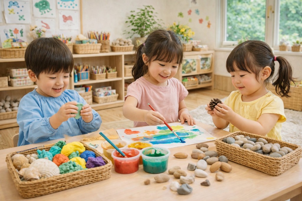 木の机を囲み、粘土を形づくったり絵の具で紙に色をのせたり、石や松ぼっくりを手に取って観察したりする幼児たち