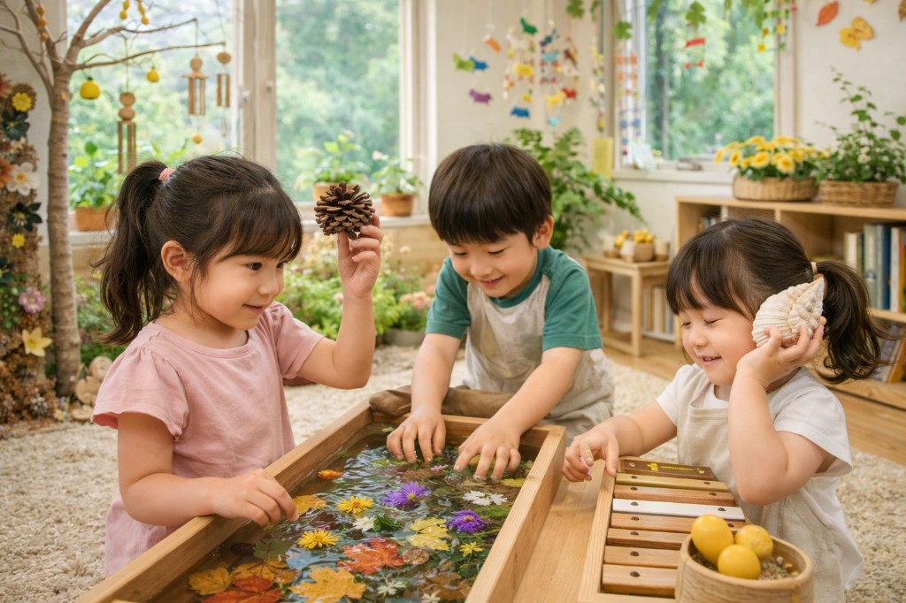 窓際のじゅうたんに座り、木の水盤に浮かぶ花びらや葉に手を伸ばしたり、大きな貝殻を耳に当てたりする幼児たち