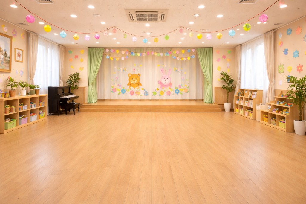 広いホール。ステージとピアノ、本棚がある