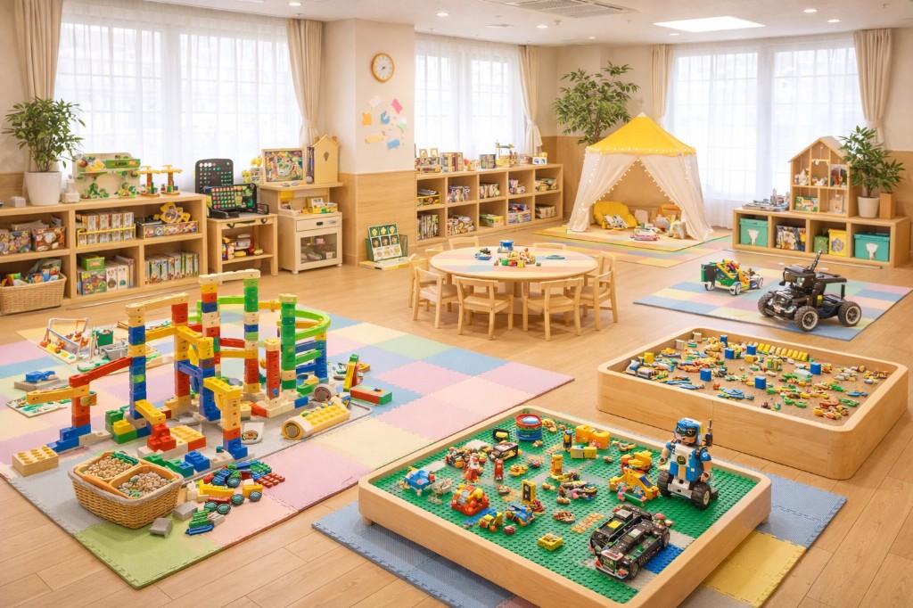 1〜5歳児の保育室。ブロックやおもちゃ、テントのある遊び場