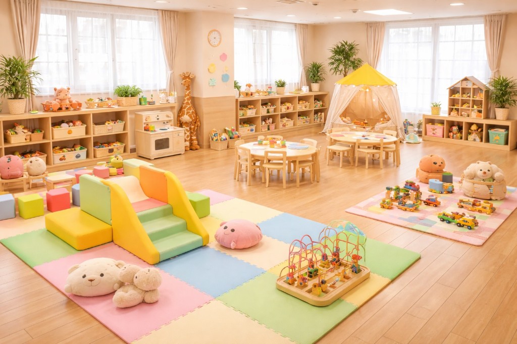 0歳児向けの保育室。パステルカラーのマットと遊具がある