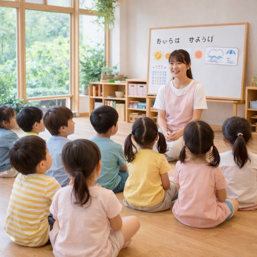 保育士の前に座る子どもたち