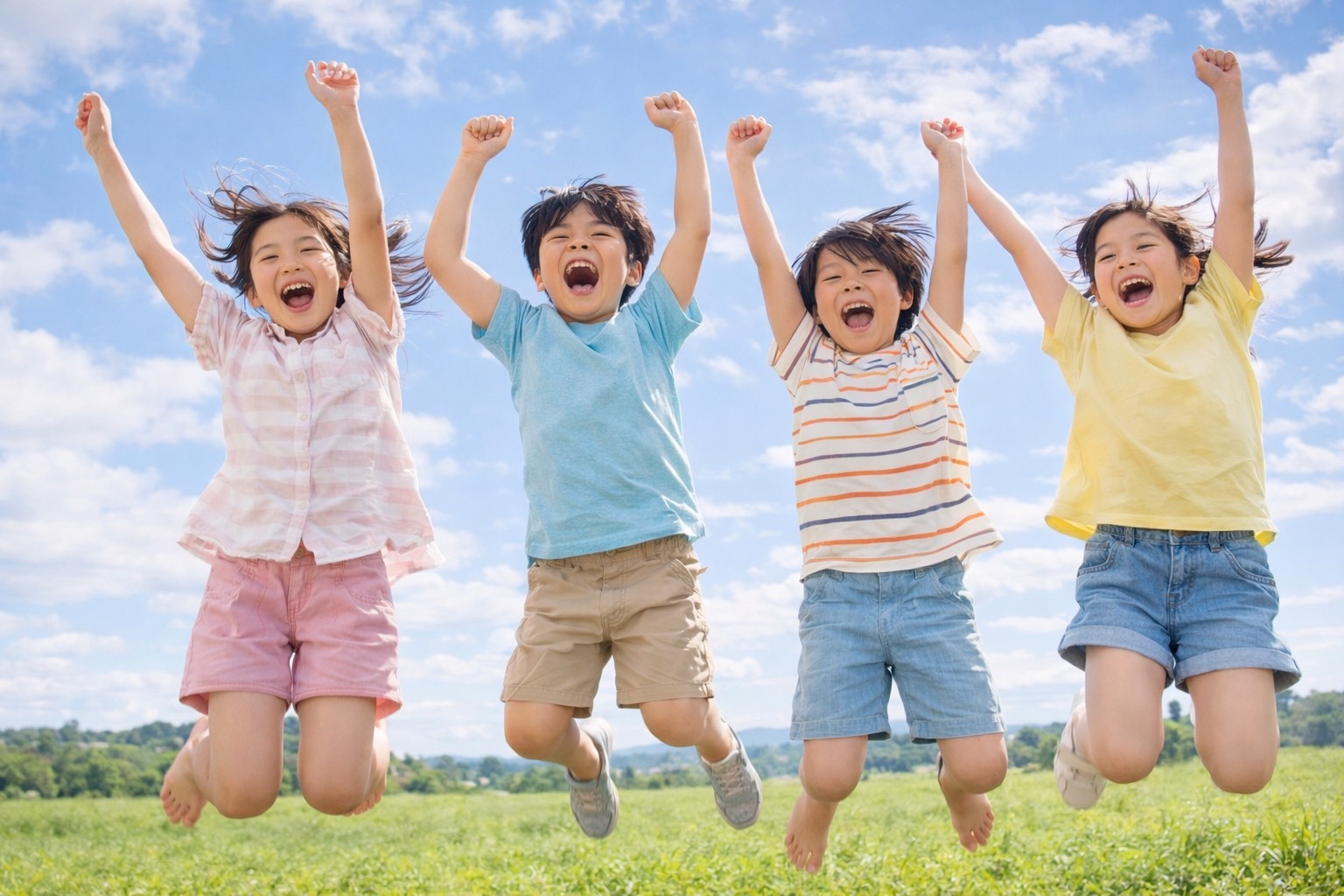 青空の下でジャンプする子どもたち