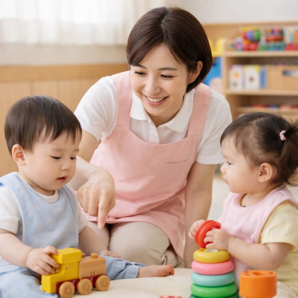保育士と幼児が室内でおもちゃで遊んでいる様子