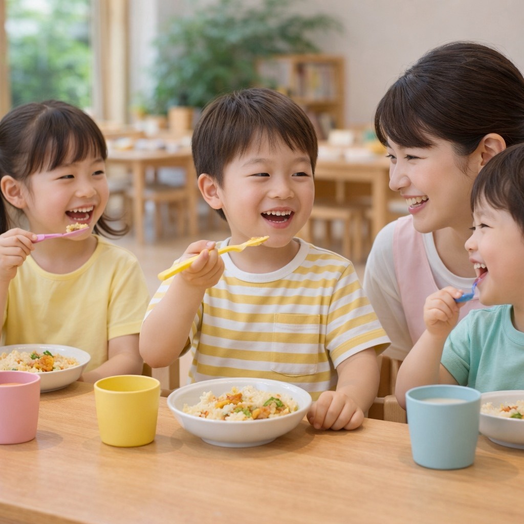 保育士と幼児たちがテーブルで笑顔で食事をしている様子