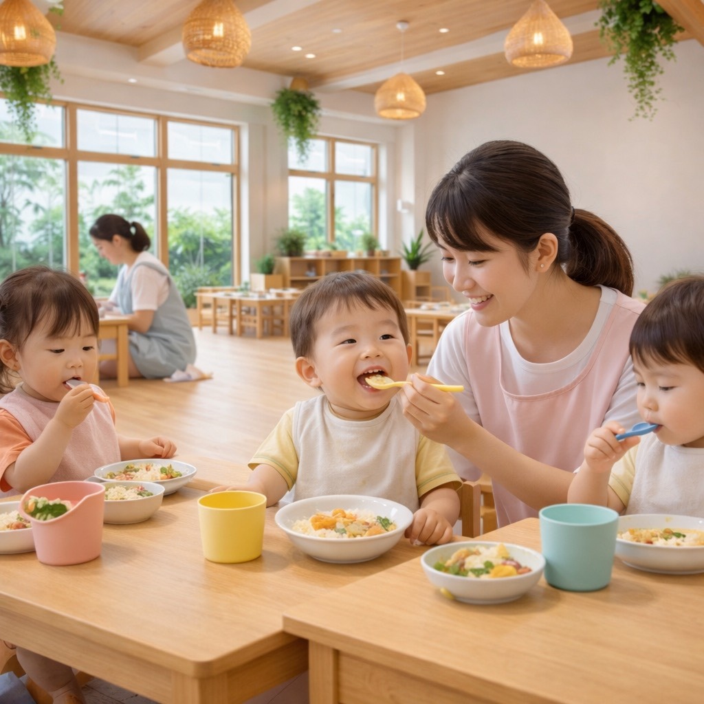 保育士がスプーンで幼児に食事をあげている様子