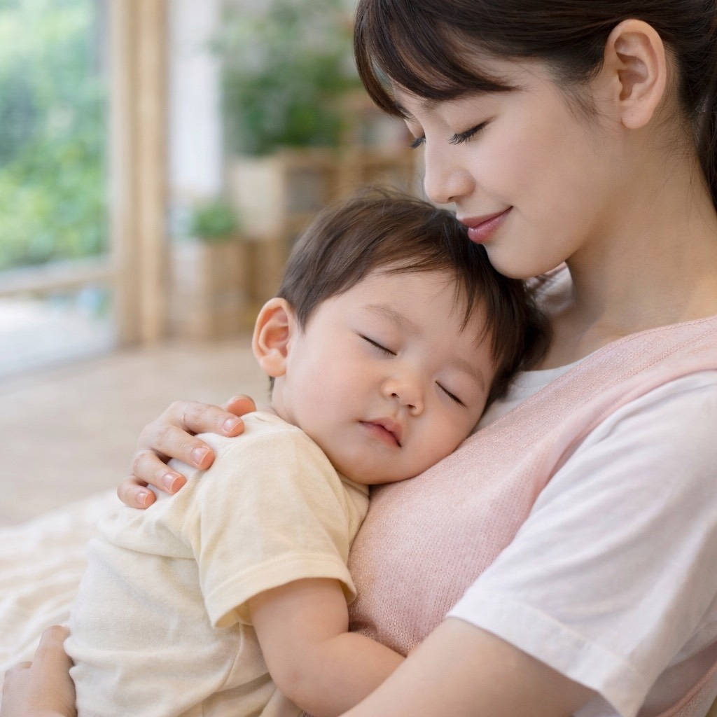 布保育士に抱かれて眠る幼児