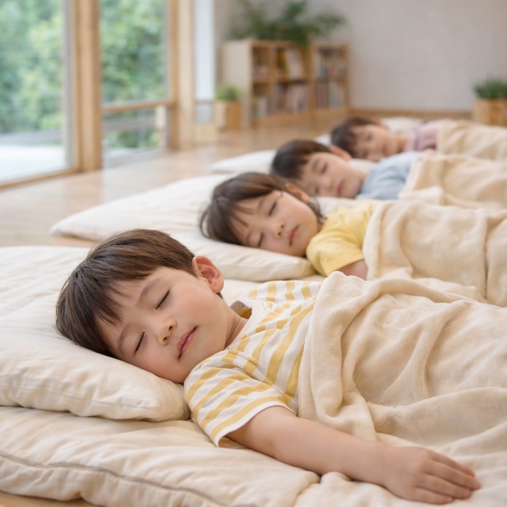 団に並んで眠る幼児たち