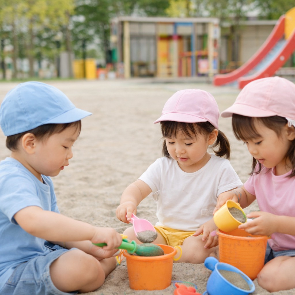 砂場でバケツやスコップで遊ぶ幼児たち
