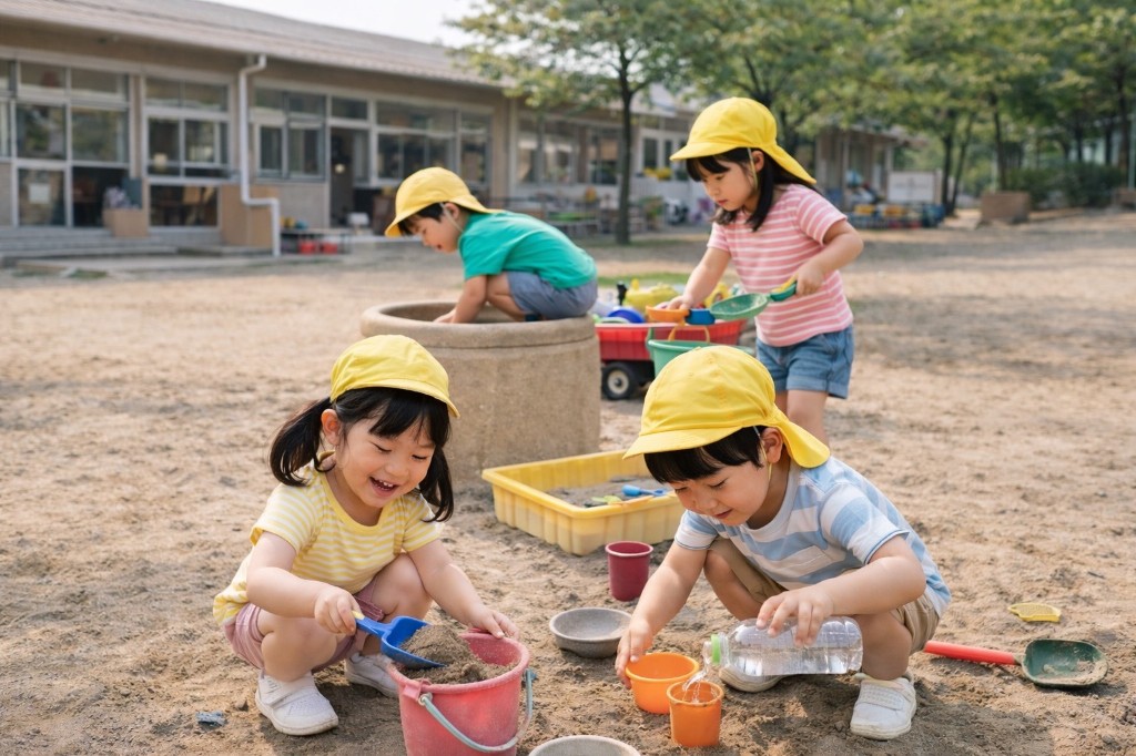 園庭の砂場で、バケツに砂を入れたり水を注いだりして遊ぶ幼児たち。黄色い帽子をかぶり、それぞれの遊びに集中している様子