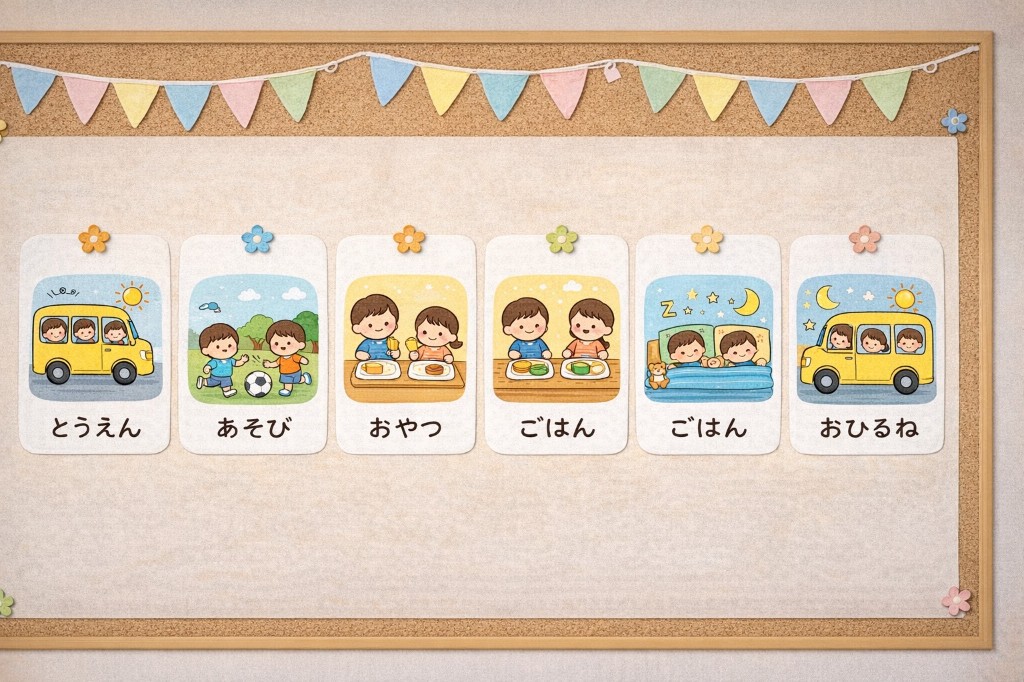 コルクボードに並んだイラスト付きのスケジュールカード。登園・遊び・おやつ・食事・お昼寝など一日の流れが絵で示されている