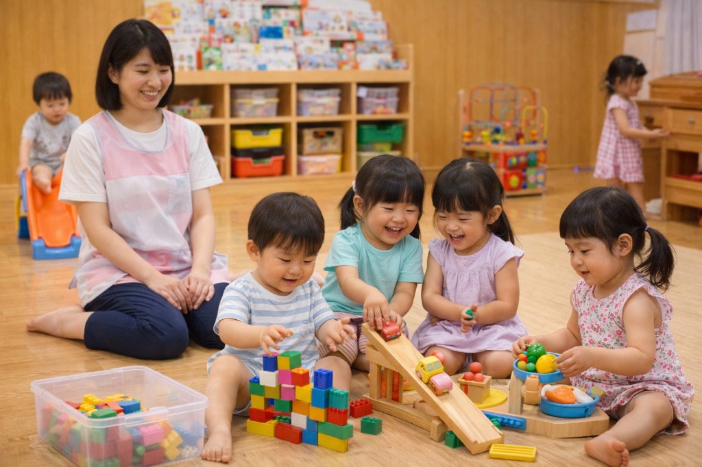 保育者と幼児が室内で積み木やおままごと遊びに興じる様子。本棚やカラフルなおもちゃがある明るい保育室