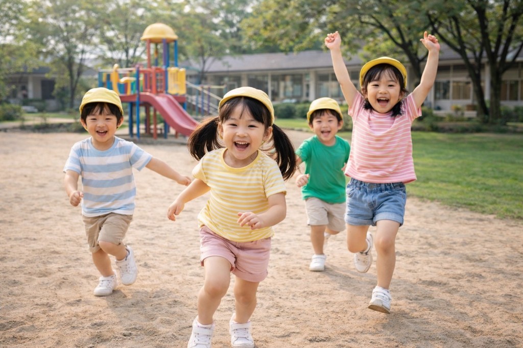 園庭を走って遊ぶ子どもたち。黄色い帽子をかぶり、笑顔でこちらに向かってくる様子
