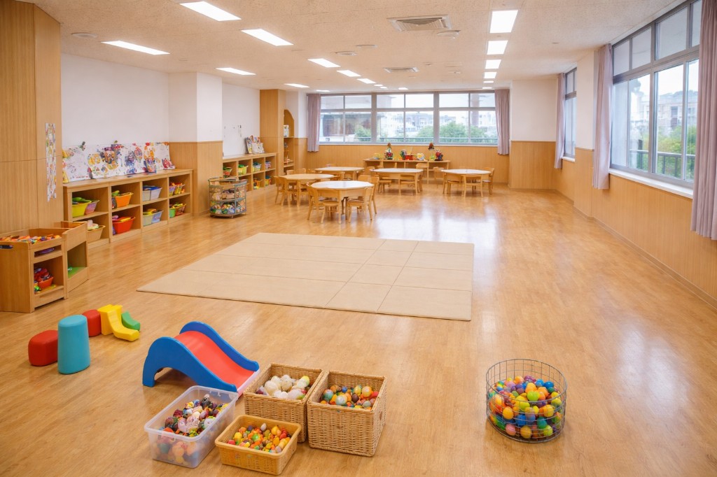 明るい室内遊戯室。木床にマットを敷き、小さな滑り台やボールプール、収納棚が整然と並んでいる