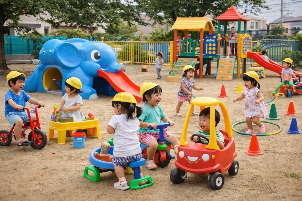 園庭で三輪車や砂場、滑り台など多彩な遊具に囲まれて遊ぶ幼児たち
