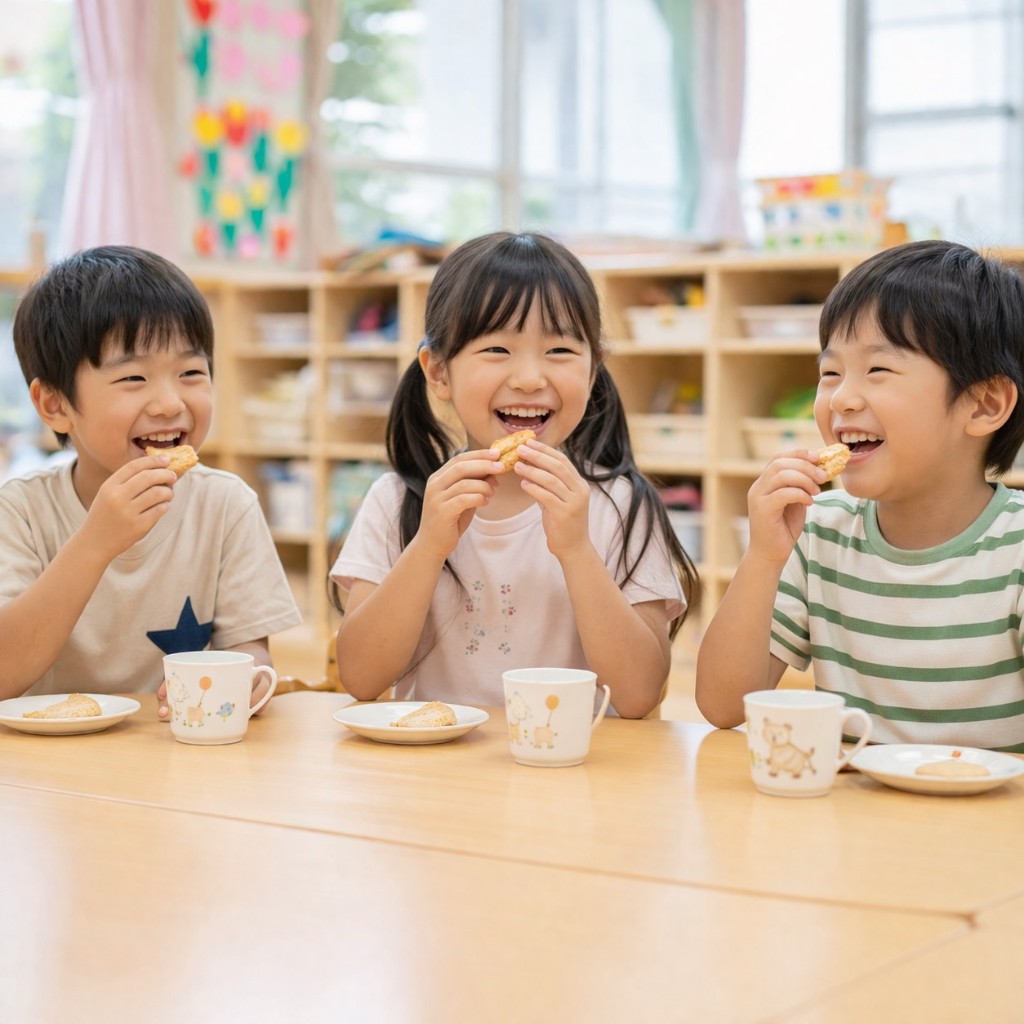 テーブルでおやつを食べる年長児たち