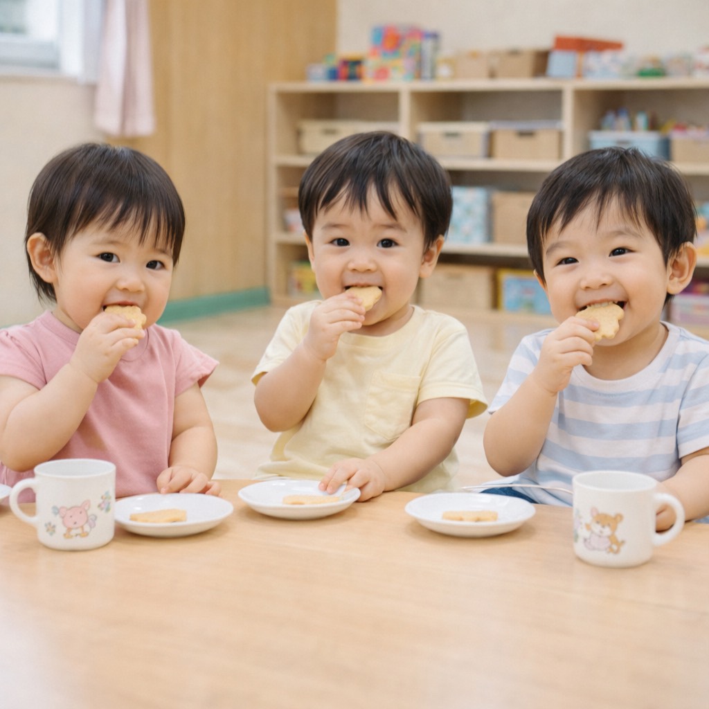 テーブルでおやつを食べる1〜2歳児たち
